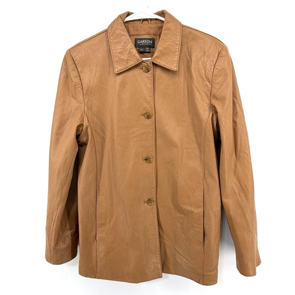 Rem Garson Camel Brown Button Front Leather Jacket Women 12 Sophisticated Money